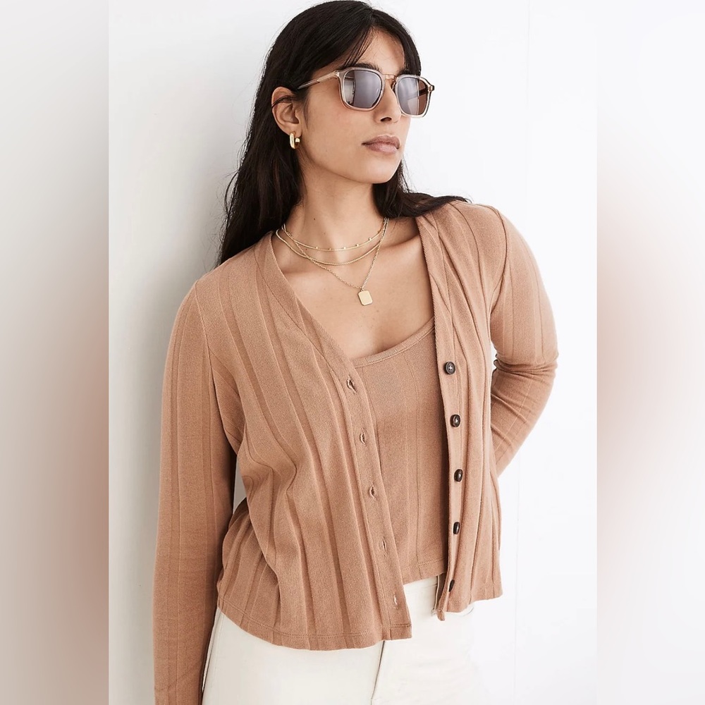 NEW Madewell Tank & Cardigan Set Ribbed Sweater-Knit Size XS Small Camel Brown